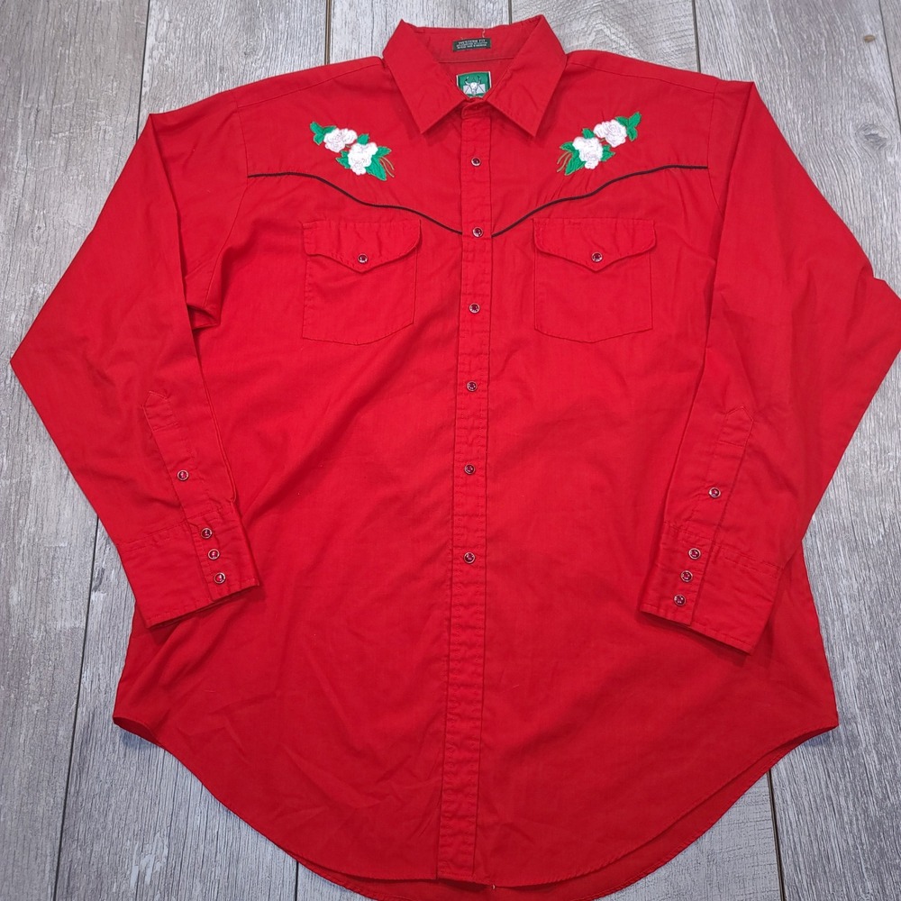 Rock Creek Ranch Western Shirt Mens XL Red Floral Embroidered Pearl Snap Top
